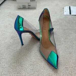 Schutz Holographic Vinyl Mirror Leather Pumps – Transparent Iridescent Heels, Si